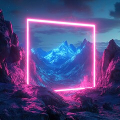 Obraz premium Neon frame mountain landscape, night scene, digital art, fantasy backdrop