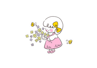 花束を抱えるピンク色のワンピースの女の子
