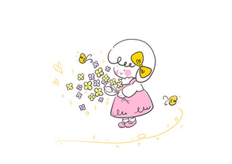 花束を抱えるピンク色のワンピースの女の子