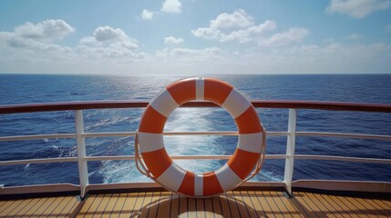 Cruise ship, ocean, life preserver, wake, sunny day, travel, safety, calm sea