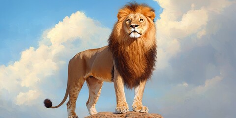 A majestic lion stands atop a rock, showcasing its powerful presence against a blue sky with fluffy clouds.