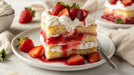 deconstructed strawberry shortcake dessert with layers of sponge cake, whipped cream and fresh berries on  white plate with drizzle of strawberry coulis