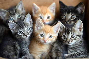 A group of kittens in a container, looking at the camera