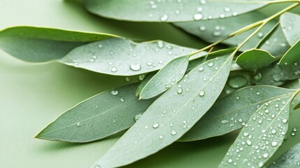 Naklejka premium Dewy eucalyptus leaves on green background, nature close-up