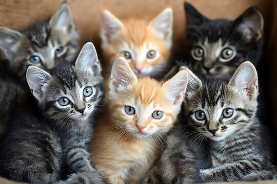 A group of kittens in a container, looking at the camera