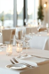 Fototapeta premium An elegant table setting in a restaurant featuring wine glasses and candles, creating a sophisticated and romantic ambiance.