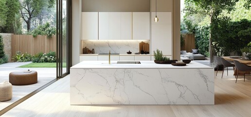 Modern Kitchen Island with Marble Countertops and Garden View