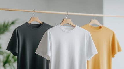 Three plain t-shirts in black, white, and yellow hang on wooden hangers against a blurred background. They exhibit a minimalist and neat arrangement.