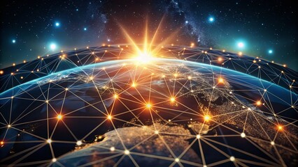 Low Light Panoramic Abstract Dot & Triangle Network: Global Connectivity, Futuristic Minimalist Earth Background