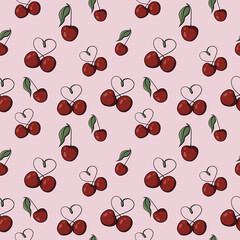 Seamless pattern with drawn elements, cherry pairs forming heart-shaped stems, green leaves on a colored  background. For wrapping paper, textiles, wallpaper, fabric, stationery, clothing