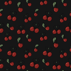 Seamless pattern with drawn elements, cherry pairs forming heart-shaped stems, green leaves on a colored  background. For wrapping paper, textiles, wallpaper, fabric, stationery, clothing
