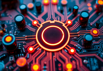 Circuit board, electronic components, microchips, close-up, macro photography, vibrant colors, neon glow, cyberpunk aesthetic, futuristic technology, detailed circuitry, blue and orange color scheme, 