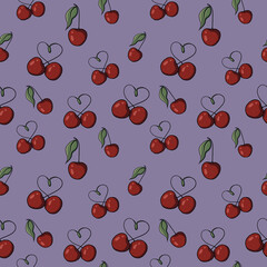 Seamless pattern with drawn elements, cherry pairs forming heart-shaped stems, green leaves on a colored  background. For wrapping paper, textiles, wallpaper, fabric, stationery, clothing