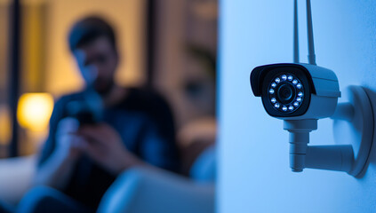 A contemporary Wi-Fi camera mounted on a white wall is highlighted, with a cozy apartment and a man sitting on a sofa visible in the background.
