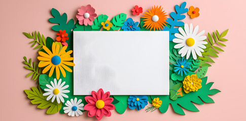 Invitation mockup, blank white paper with paper cut blossom and flowers. Woman's day, 8 march, Easter, Mother's day, anniversary greeting cardflowers and