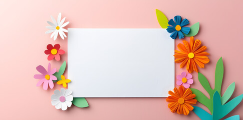 Fototapeta premium Invitation mockup, blank white paper with paper cut blossom and flowers. Woman's day, 8 march, Easter, Mother's day, anniversary greeting cardflowers and
