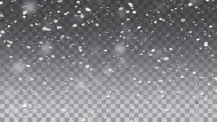 Falling snow on black background. Vector snow falling from above. Snowfall on isolated transparent background.
