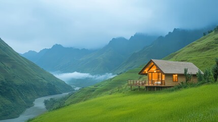 Fototapeta premium A tranquil mountain house escape with breathtaking views of majestic peaks