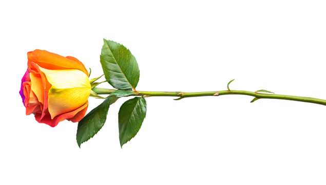 A single red rose with green leaves, perfect for expressing love and romance, isolated on a white background as transparent PNG.AI GENERATED
