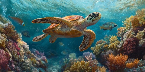 Obraz premium A graceful sea turtle swims through vibrant coral reefs, surrounded by colorful fish in a clear blue ocean.