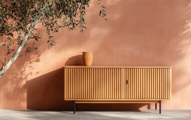 A high-end minimalist interior featuring a light brown wood sideboard with subtle decorative accents, positioned against a dusty rose-colored wall, capturing the warmth of natural lighting