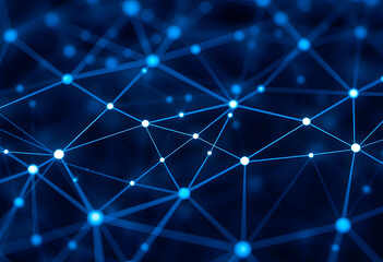 Glowing blue network nodes, interconnected lines, digital constellation, abstract technology background, deep blue backdrop, futuristic connectivity visualization, geometric pattern, sparkling data po