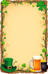 Holiday menu decorated with gold coins, shamrocks and decorative pots. St Patrick's Day holiday concept. Copy space.