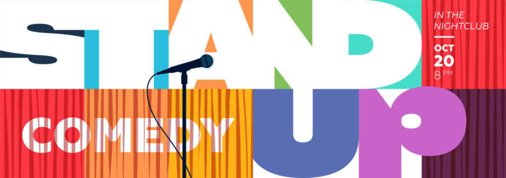 Modern stand up comedy horizontal banner with bold geometric elements featuring microphone and stage curtain. Perfect for promoting live events, open mic nights and entertainment shows.
