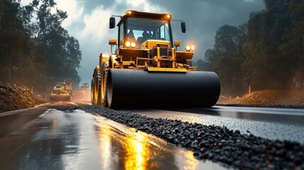 Construction of New Roadway Using Heavy Machinery and Equipment in Action During Stormy Weather Conditions Near Urban Area