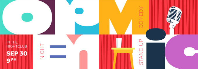 Trendy open mic comedy horizontal flyer with brutalist design, highlighting humor, laughter and stage presence. Great for clubs, stand up performances and creative advertising with abstract touch.