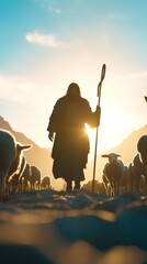 Silhouette of a shepherd holding a staff, surrounded by sheep in a serene landscape with a sunrise backdrop.
