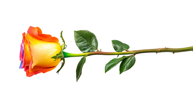 A single red rose with green leaves, perfect for expressing love and romance, isolated on a white background as transparent PNG.AI GENERATED