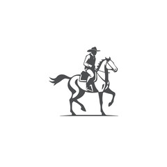 Silhouette of a cowboy riding a horse on a white background