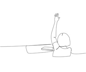 Girl studying, answering in class, raising hand one line art. Continuous line drawing of online learning, knowledge, school, preparation, answer, lesson