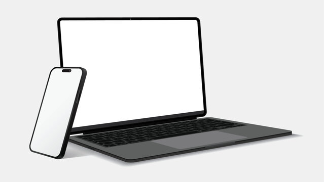 Smartphone and Laptop Computer Mockup in Perspective Side View, Isolated on White Background - Vector Illustration