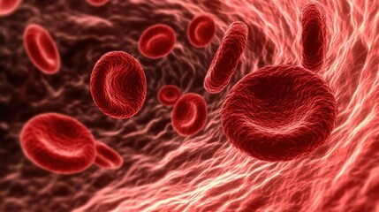 A close-up of red blood cells flowing through a transparent vein, with a clean, clinical background