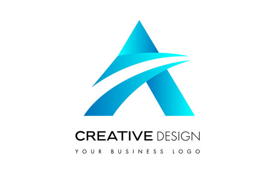 Blue A letter logo design with creative curved lines shapes Vector