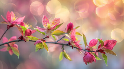 Obraz premium Close-up of pink blossoms with colorful bokeh in spring sunlight