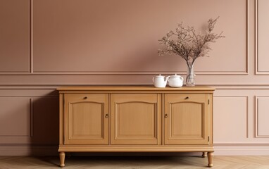A sophisticated sideboard in light brown wood, adorned with simple yet elegant decorations, placed against a soft dusty rose wall, with natural lighting highlighting the fine textures