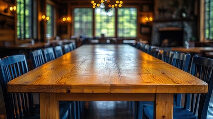 Long wooden table, lodge dining, forest view