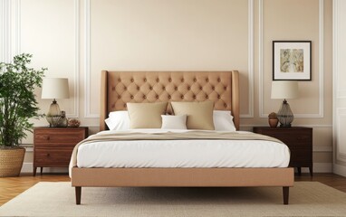 A stylish 3D rendered bedroom interior with a pastel lavender wall and a beige bed, accented with light brown furniture and decor pieces. 