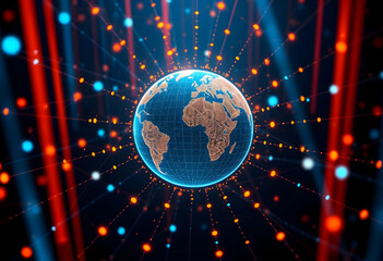 Glowing digital Earth globe, red and blue illumination, neon network connections, abstract technology background, data visualization, global communications concept, futuristic, cyberpunk aesthetic, da