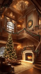 Obraz premium A cozy Christmas scene featuring a grand room with a decorated tree, roaring fireplace, and elegant garlands, evoking warmth and festive cheer.
