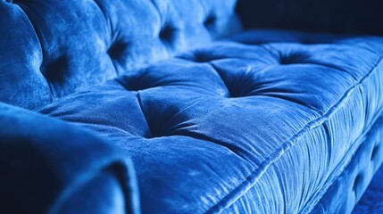 A close-up shot of a plush blue velvet sofa, perfect for use in interior design or product photography