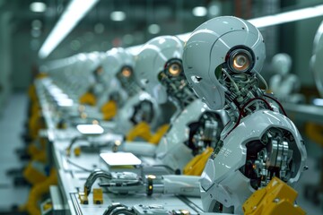 Fototapeta premium An assembly line of robots under construction, Modern factory and aisle, A factory assembly line with robots assembling electronic devices