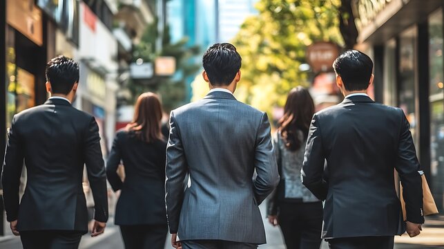 A group of professionals walking down a metropolitan street in formal wear.