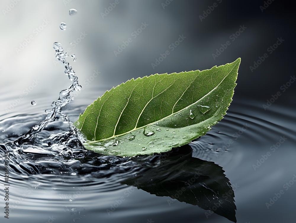 Poster a refreshing green leaf splashing into calm water, capturing nature's beauty and serenity through wa