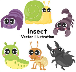 Adorable Cartoon Insect Vector Illustration Featuring Snail, Caterpillar, Scorpion, Beetle, and Ant - Perfect for Kids, Educational Designs, and Fun, Whimsical Artwork