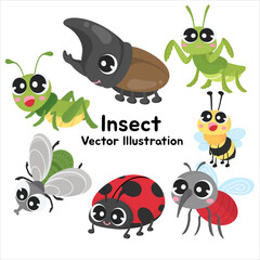 A vibrant vector illustration of adorable insects, including a mantis, beetle, fly, bee, and ladybug, designed in a cartoon style, ideal for colorful and fun graphic projects