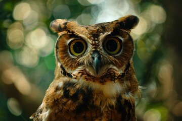 Owl with intense yellow eyes staring directly at the camera in a forest